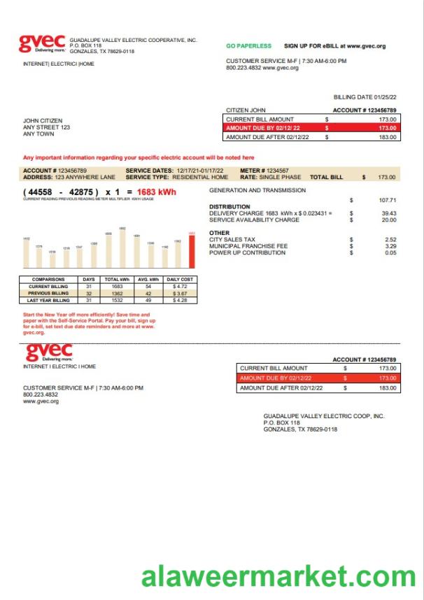 USA Texas GVEC utility bill template in Word and PDF format
